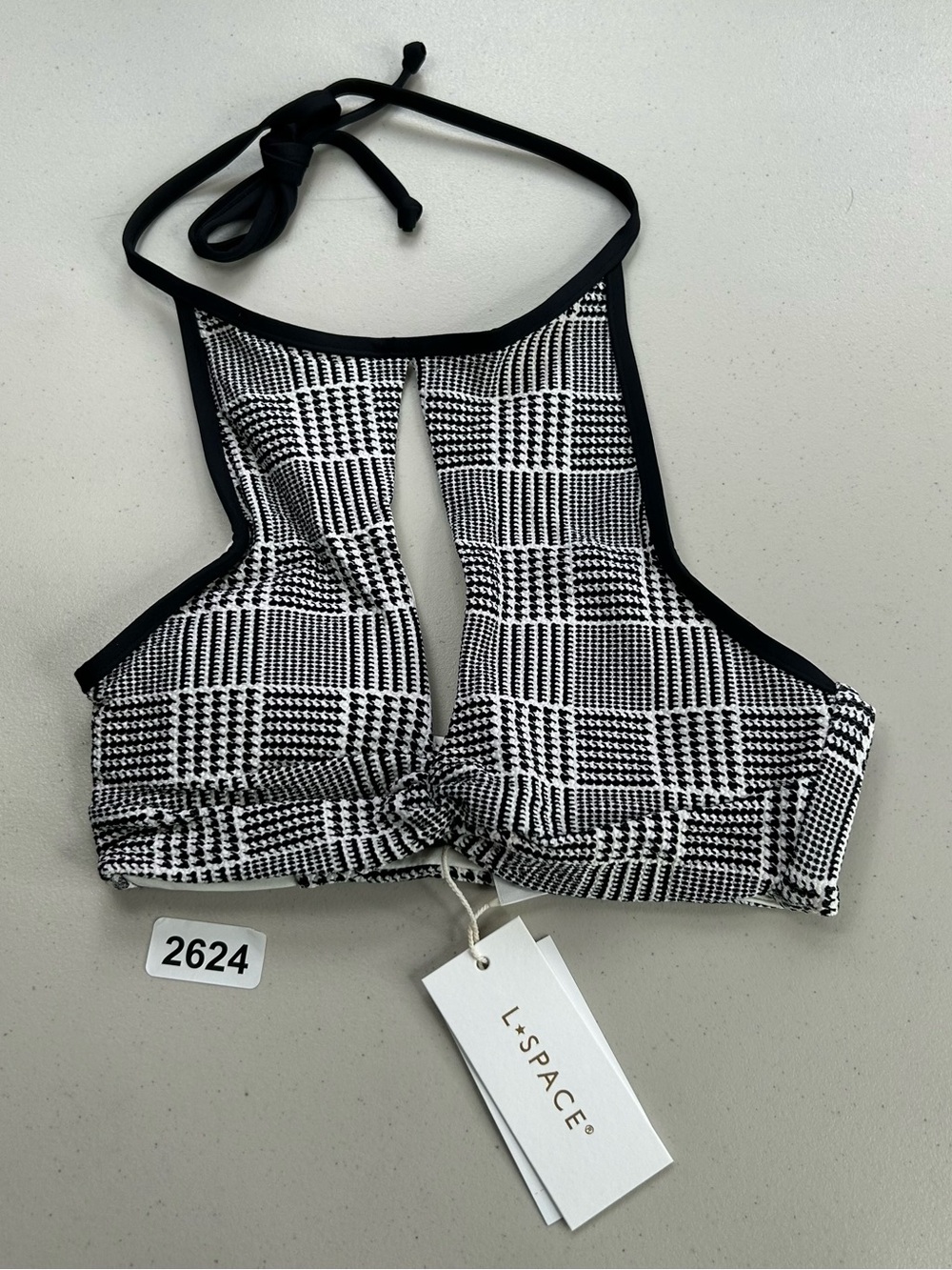 L*SPACE Jessy Bikini Top Black White Houndstooth Halter Size XS New